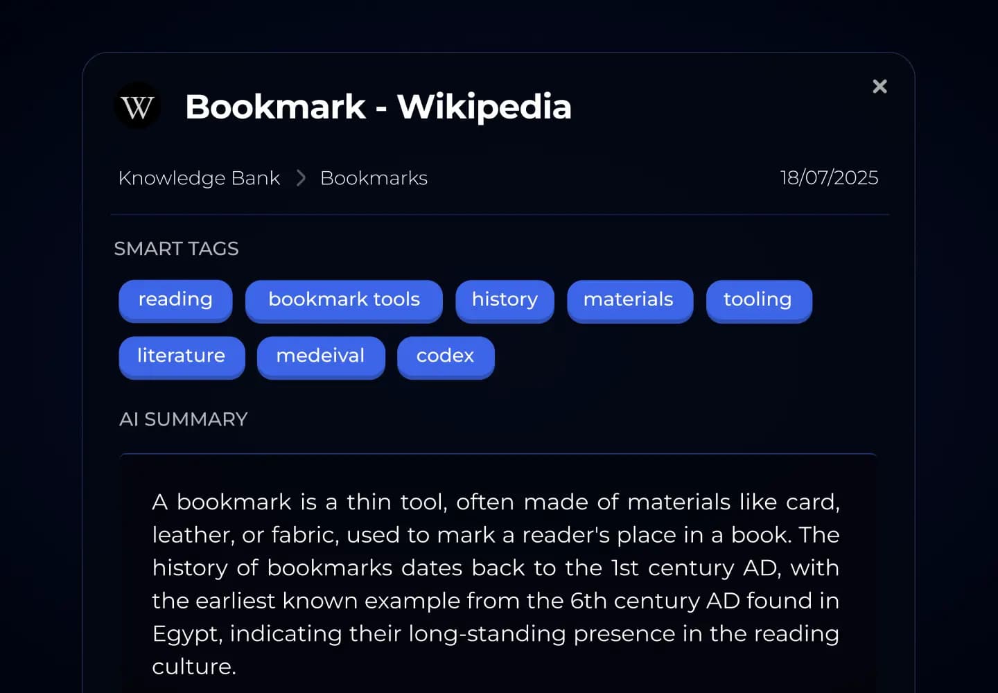 SAVED ITEM DETAILS Bookmark CE product screen