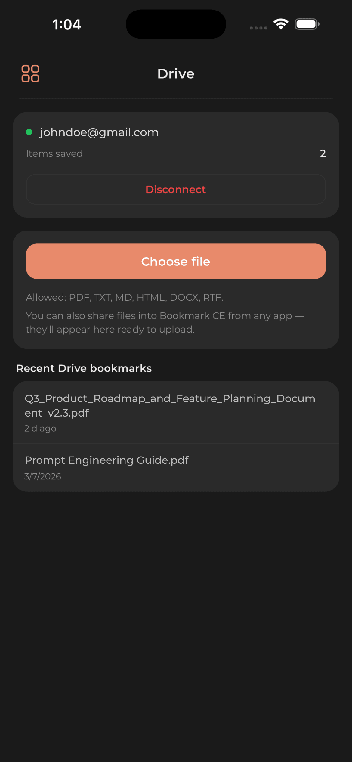 Drive Integration with connected account and recent Drive bookmarks