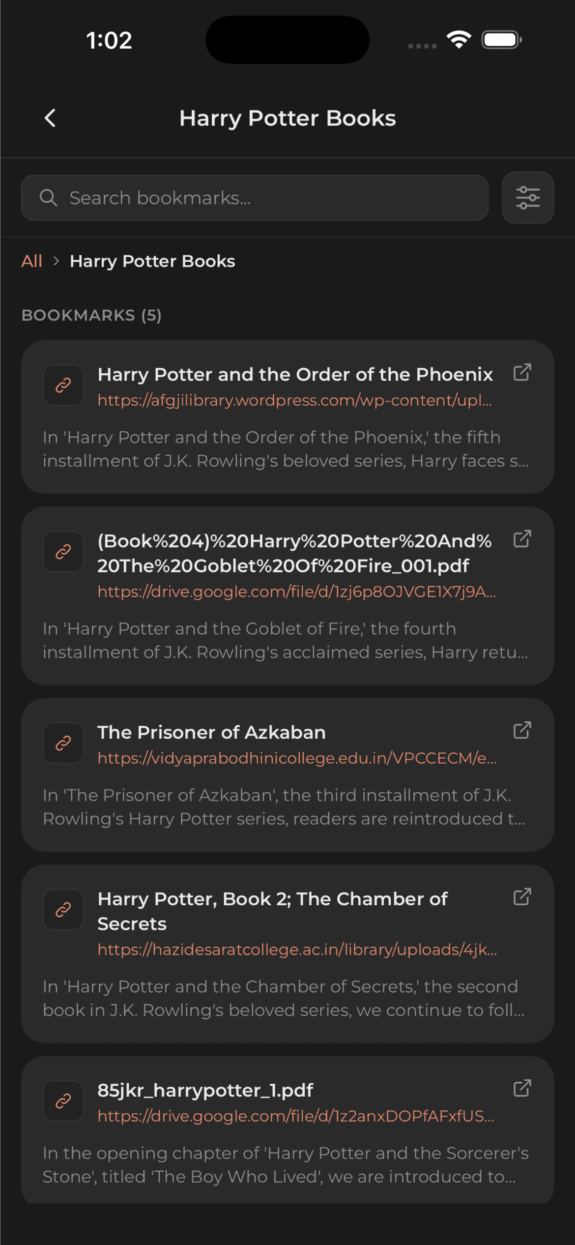 Harry Potter Books folder with its saved Bookmark list
