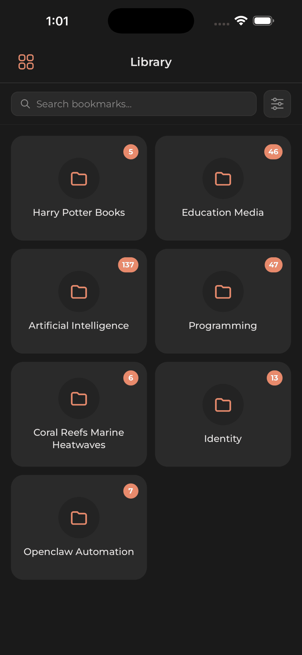 Library grid with organized Bookmark folders